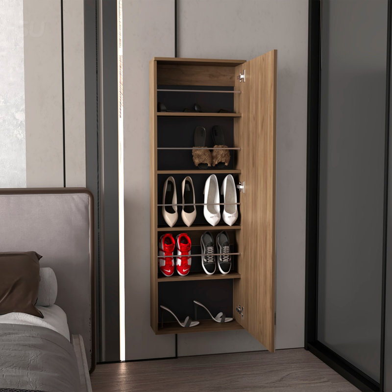 Range-chaussures mural avec miroir et porte, cinq tablettes, rangement compact pour dix paires de chaussures, Bois naturel