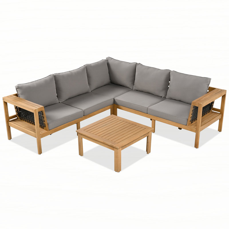 4 Pieces Outdoor Acacia Wood Sofa Set, Woven Mesh Armrests, L-Shaped Patio Furniture Sofa Set with Coffee Table, Outdoor Conversation Set with Cushions and Side Table