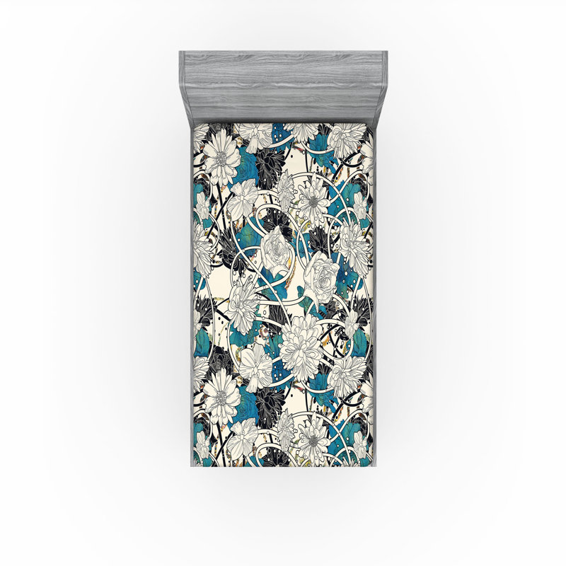 Drap-housse à motif floral abstrait Ambesonne Champagne et turquoise foncé