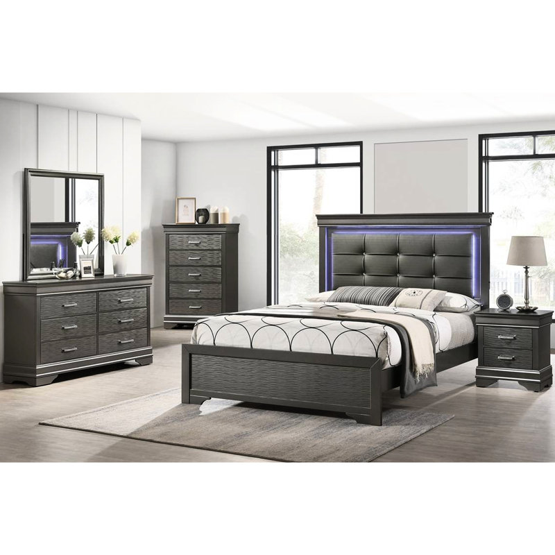 Lit très grand moderne gris oriental avec capitonnage à boutons carrés, lumières à DEL et tête de lit en similicuir