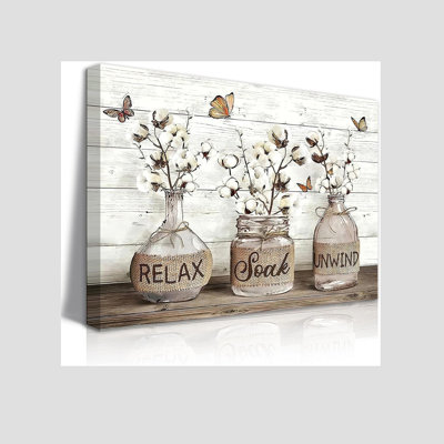 Farmhouse Bathroom Wall Art Rustic Cotton Flower Bathroom Canvas Wall Decor Relax Soak Unwind Sign Painting Print Vintage Aesthetic Picture Artwork Decor(12x16in)