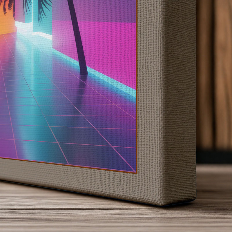 Neon Palm Corridor Retro - Wrapped Canvas, 18x12 - 45.7 x 30.5 cm, Taupe Border