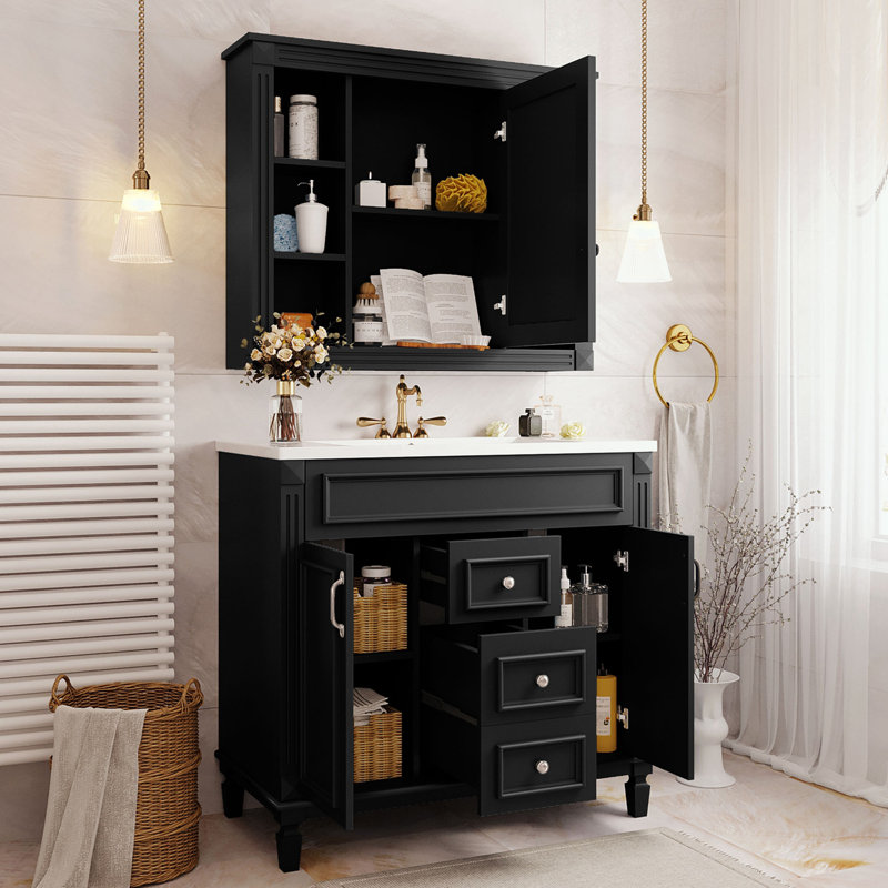 Ensemble de meuble-lavabo et d'armoire murale avec lavabo supérieur, 2 portes à fermeture douce et 2 tiroirs