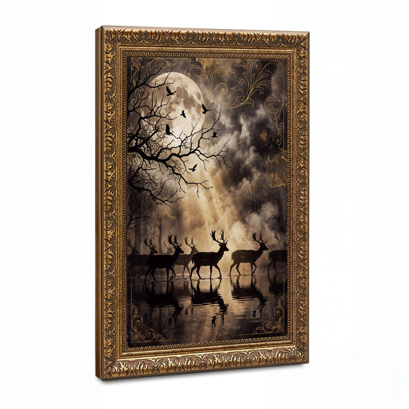 Art mural en bronze, silhouette de cerf marchant dans le lac au clair de lune, H 24 po x l 16 po