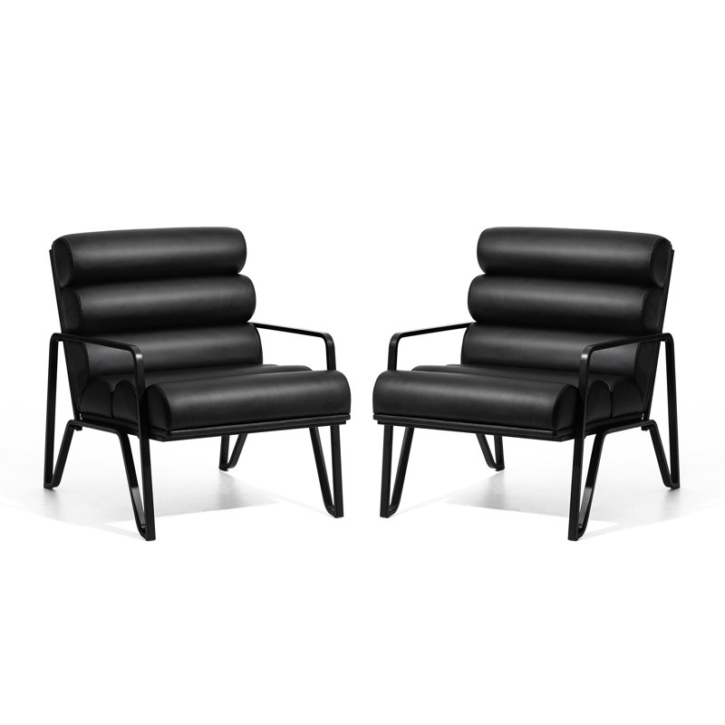 Cacey Vegan Leather Armchair Set of 2, Black Faux Leather