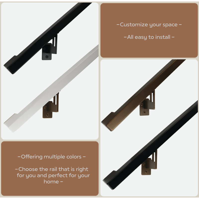 Modern Aluminum Handrail Grab Bar Kit, Adjustable Steel Brackets, Returns to Wall, Powder Coat, 1.5' W, Bronze / Satin White