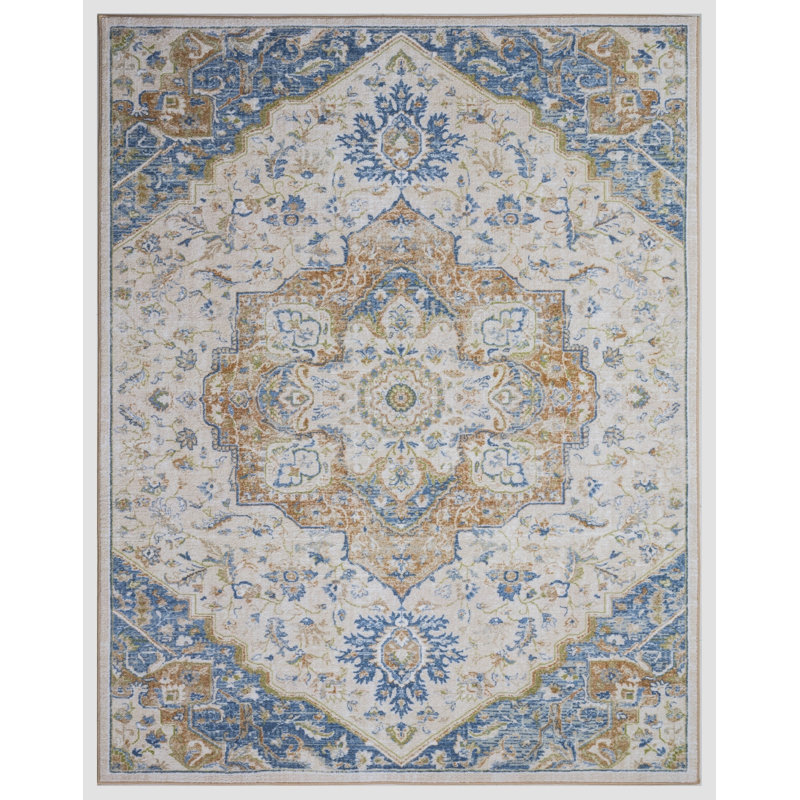 Tapis bleu lavable antidérapant Lyanne, Rectangle 7 pi 10 po x 10 pi