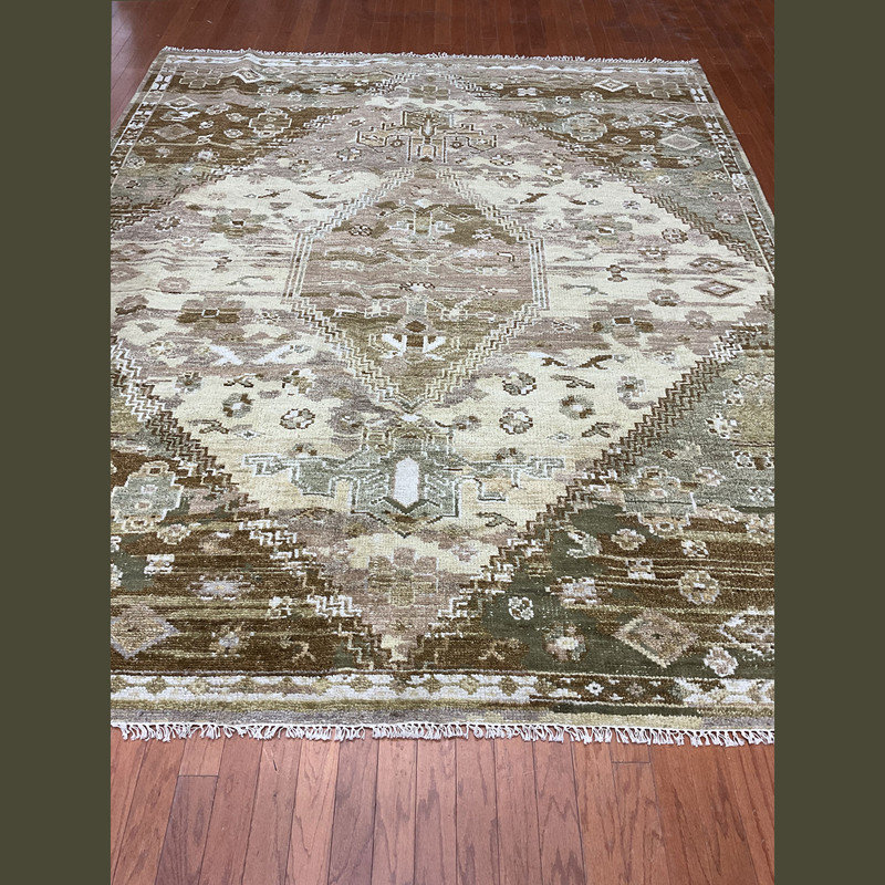 Tapis oriental en laine vert / brun / beige crocheté à la main 8 pi x 10 pi Oriental