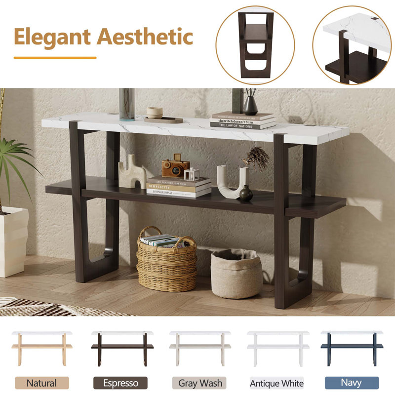 Narrow Console Table with Marble-Effect Top, Retro Entryway Table with Open Shelf, Sofa Table for Entryway, Hallway and Living Room