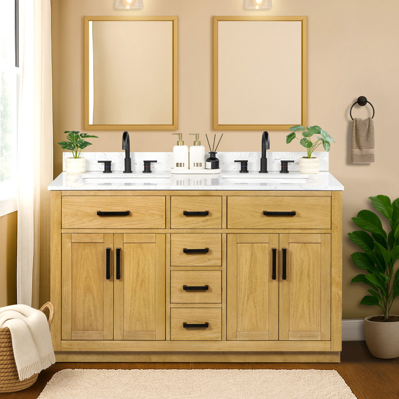 54'' Double Bathroom Vanity with Drawers, Shelf, Outlet, and Engineered Marble Top, Light Brown Oak, 54''