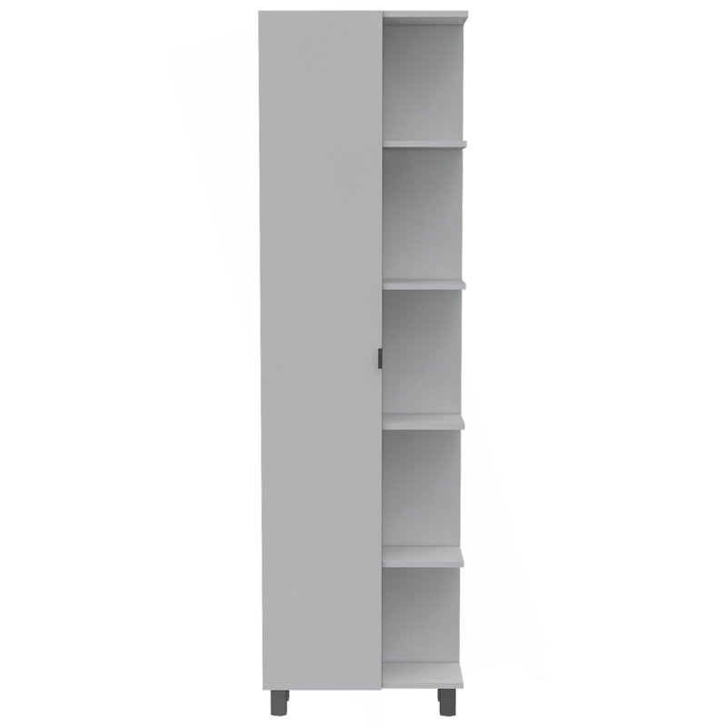 Armoire de coin en lin, cinq tablettes extérieures, une porte, quatre tablettes intérieures