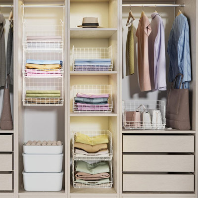 3-Tier Hanging Storage Organizer For Closet & Laundry Wire Baskets With Hooks