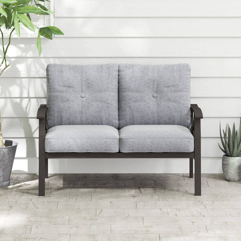 Outdoor Metal Loveseat with Soft Cushions, Coffee Frame/Gray Cushion