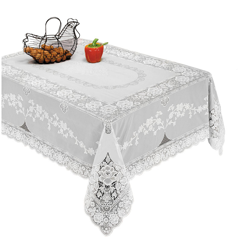 Mckinney Luxurious Vinyl Lace Embossed Floral Design Tablecloth, 120" L x 60" W, White
