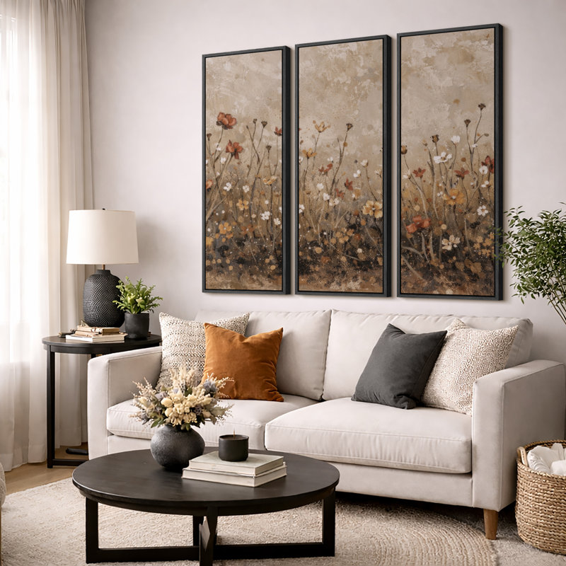 Autumn Wildflower Meadow Artwork, Living Room Pictures, Framed Canvas Giclee Print Wall Art, Black Floater Frame