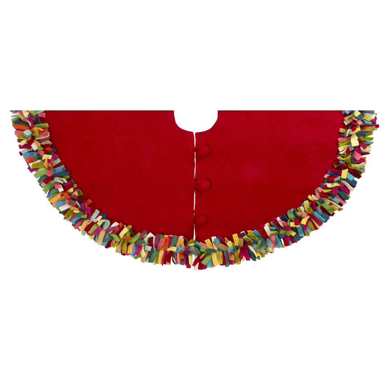 Handmade Felt Christmas Tree Skirt - Multicolor Fringe Border on Cream - 48", Red, 51" W