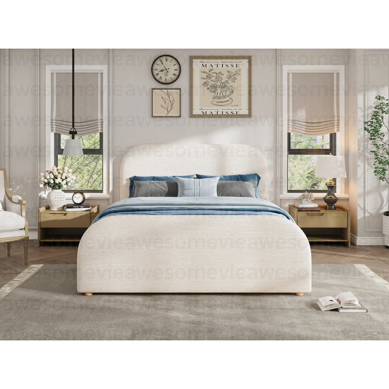 Structure de lit grand avec tête de lit tapissier recouverte de lin, pieds en bois massif, beige, Beige, Grand