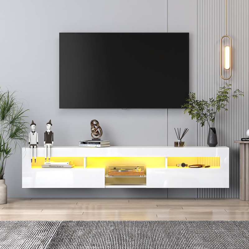 LED Floating TV Stand For 65 Inch TV, Modern High Glossy Wall Mounted TV Cabinet For Living Room, Bedroom, White