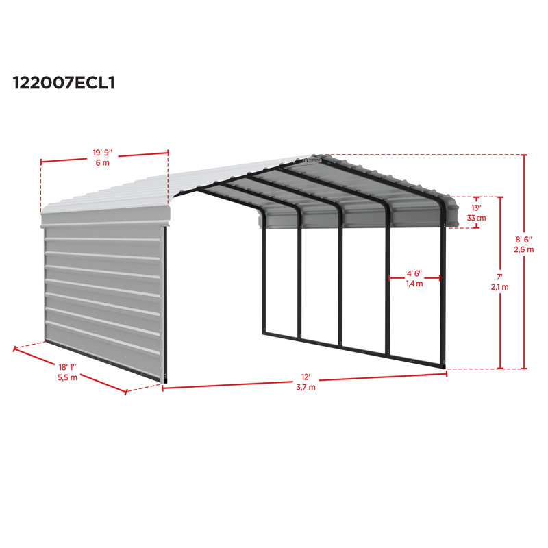 Steel Carport With 1 Side Wall Kit, 12X20X7, 102"H x 146"W x 237"D