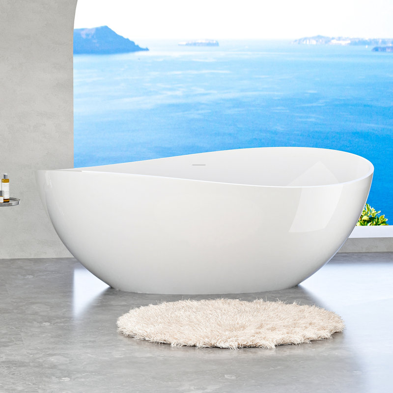 Baignoire de luxe autoportante blanche brillante en résine de 63 po avec design ergonomique et baignoire facile d'entretien, blanc, surface non poreuse à réparer