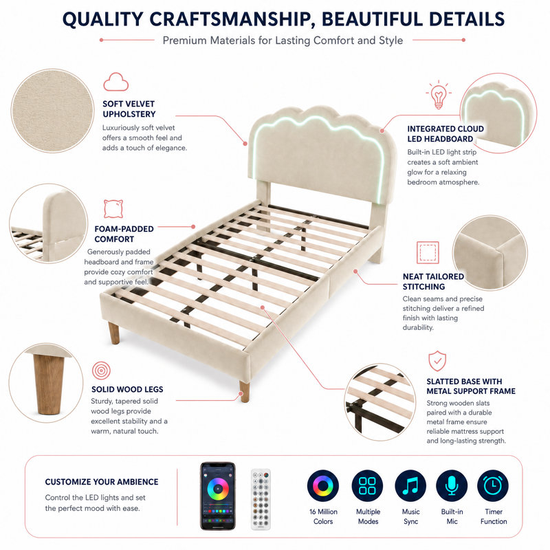 Upholstered Single Bed, Beige