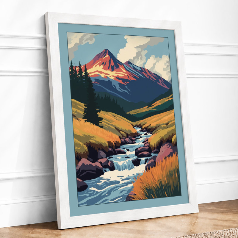 Mountain Stream at Dusk Retro - Framed Print, A3 - 42.0 x 29.7 cm, White