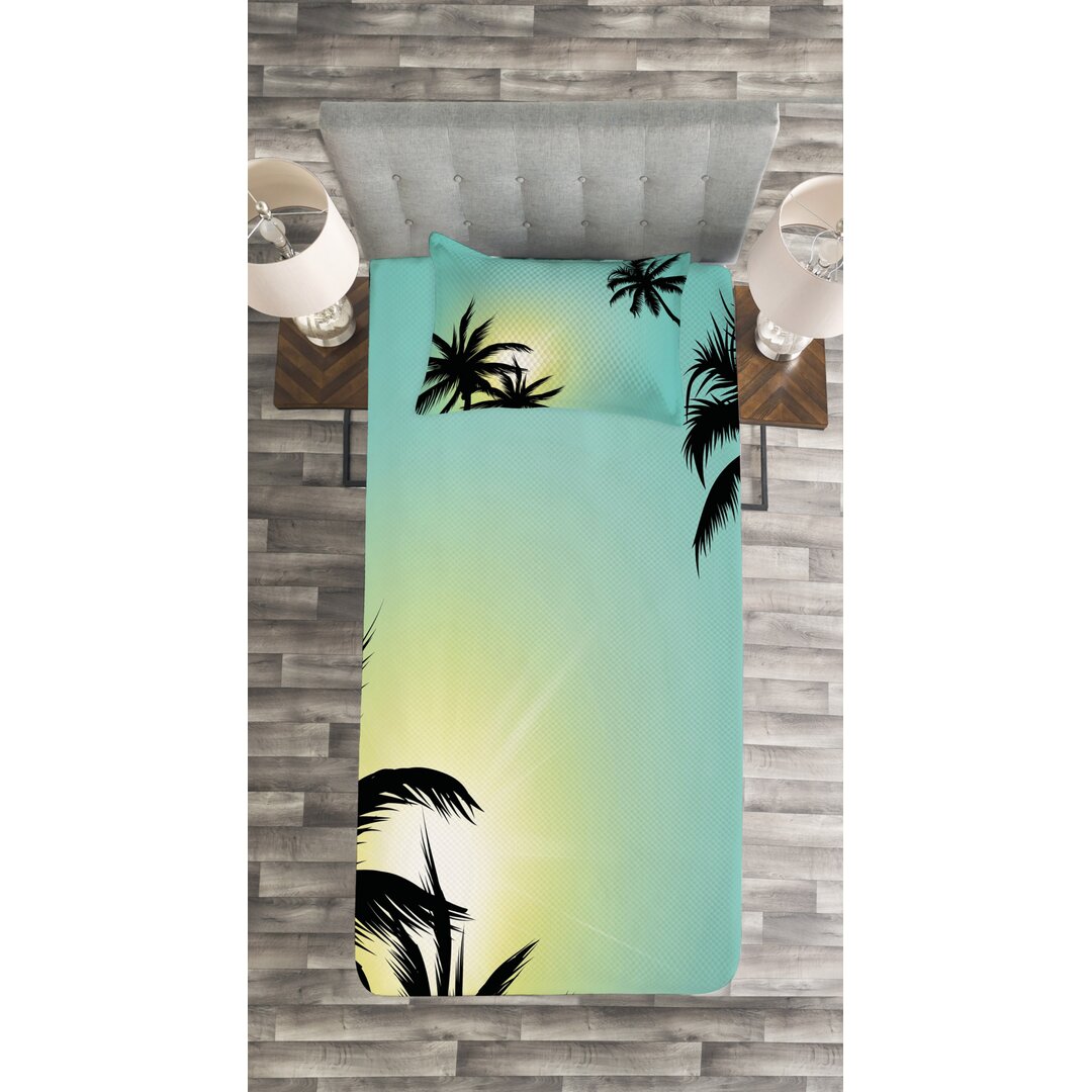 Gestepptes Bettdecken-Set, Hawaiian Miami Beach Sun, Modern, Seafoam Schwarz