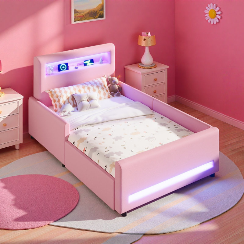 Lit plateforme tapissier avec tiroir, bande lumineuse à DEL et port USB, Lit simple, Rose