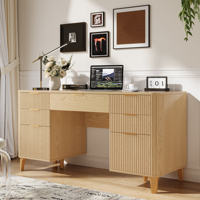 55.1" Fluted Executive Desk With Drawers, Home Office Desk With Charging Station, Natural