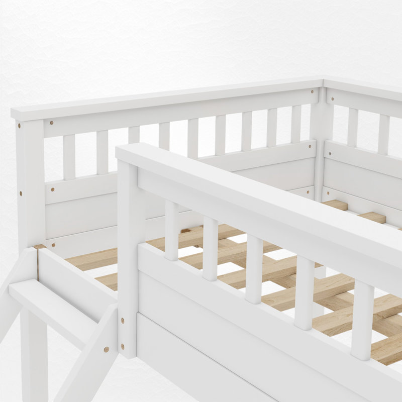Wooden Bunk Bed With Ladder And Guardrails,Convertible To 2 Beds, White,  Full XL Over Queen