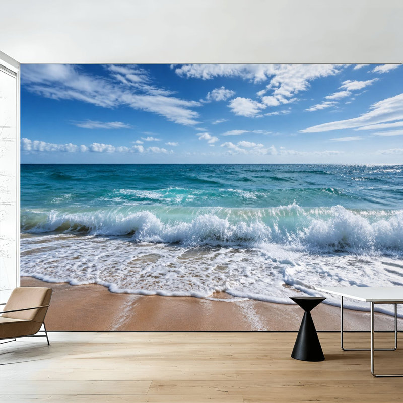 Papier peint auto-adhésif Ocean Waves Crashing Sandy Shore Turquoise Water Soft Cloudy Sky Wall Murals H 100 po x l 144 po Papier mural amovible en PVC auto-adhésif pour le salon de la chambre Bureau à domicile