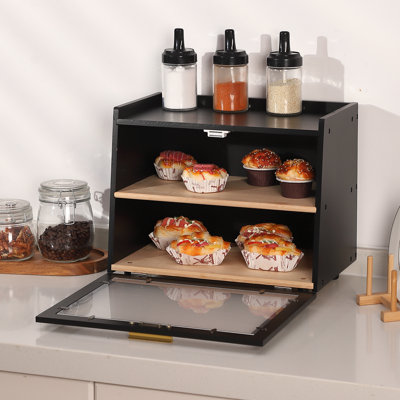 Grande boîte à pain double couche, bac de rangement de pain de comptoir moderne avec dessus de clôture, panneau de porte en acrylique transparent, récipient à pain de coin en bambou Farmhouse pour pain, fruits et pâtisseries