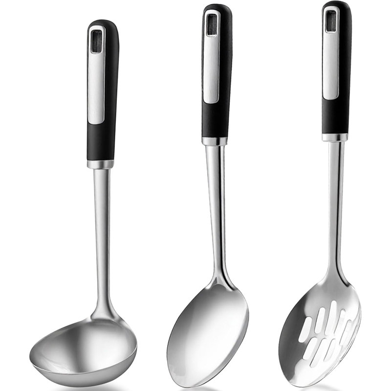 Ensemble de 3 cuillères à cuisson robustes en acier inoxydable 3 pièces - Louche à soupe, cuillères solides et rainurées pour utilisation quotidienne