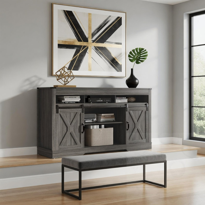 Meuble télé avec portes de grange coulissantes et rangement, Dark Grey