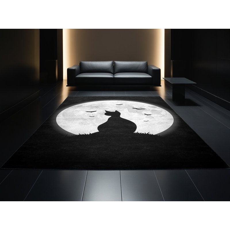Machine Washable Artesian Halloween Modern & Contemporary Abstract Rug in Black – Black Binding, 7x10