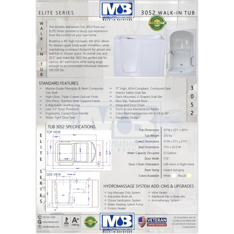52'' x 29'' Air Fiberglass Bathtub with Faucet, Left, White