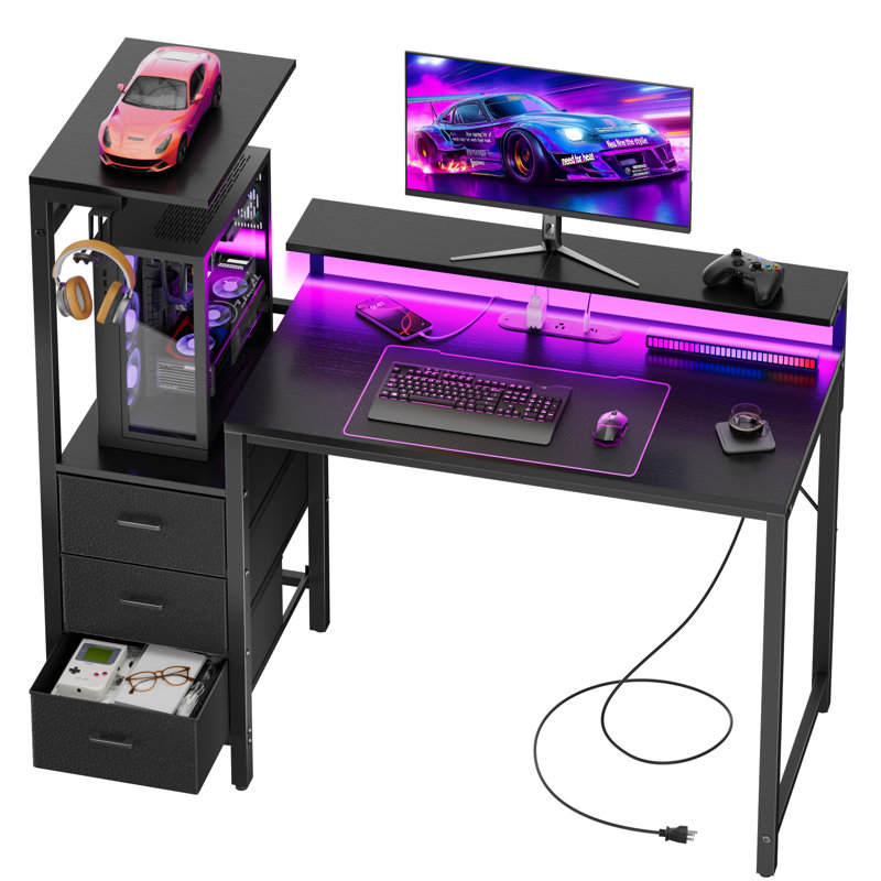 Home Office Desk with Built-in Power Outlets, Gaming Desk with LED Lights, USB Charging, Storage Drawers, Modern Computer Desk with Monitor Stand, PC Tower Stand & Headphone Hook, Black