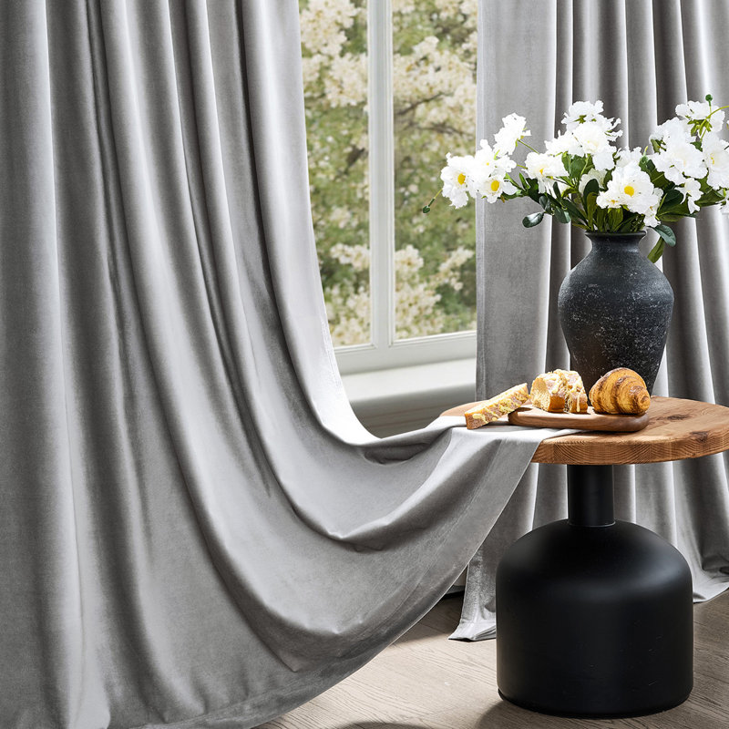 Velvet Blackout Thermal Curtain Panel –  Room-Darkening Grommet Solid Color Drapes for Living Room Bedroom (Set of 2), Gray