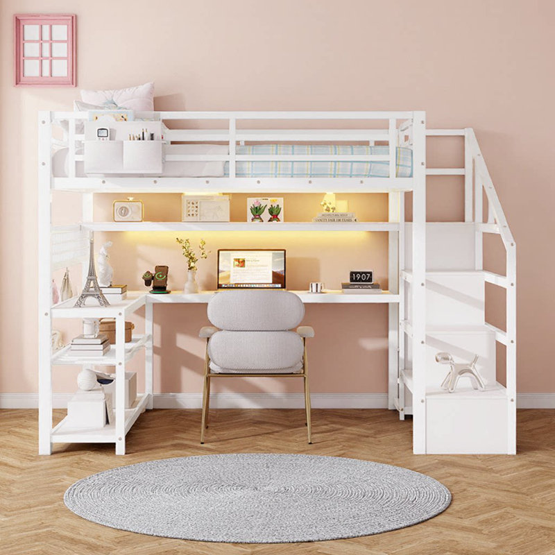 Lit mezzanine double avec rangement pour escalier, garde-robe intégré et lumières DEL AVELOR - Comprend un bureau d'étude et une station de recharge