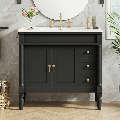 36" Bathroom Vanity with Ceramic Sink, Adjustable Shelves, Soft Close Doors for Small & Medium Bathrooms - EPA/CARB Certified