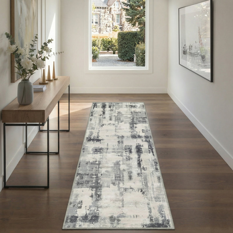 Mignone Aura Abstract Machine Washable Beige / Black / Grey Indoor Area Rug with Non-Slip Backing, Runner 2' x 6'