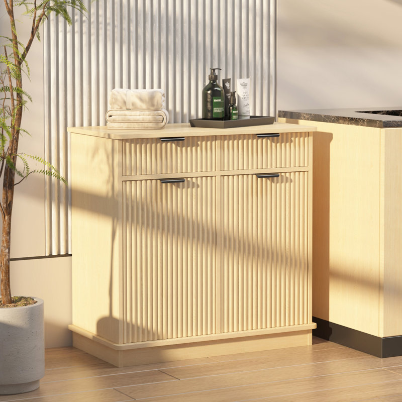 Double Tilt-Out Laundry Hamper Cabinet Hidden Laundry Cabinet With 2 Drawers & 2 Baskets For Bathroom, Kitchen, Natural Wood