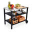 Chariot de barbecue extérieur à 3 niveaux avec surface en acier inoxydable, roues de table de préparation barbecue, barre de service roulante pour patio et cour arrière, support de four à pizza en noir, construction, grand rangement, stable