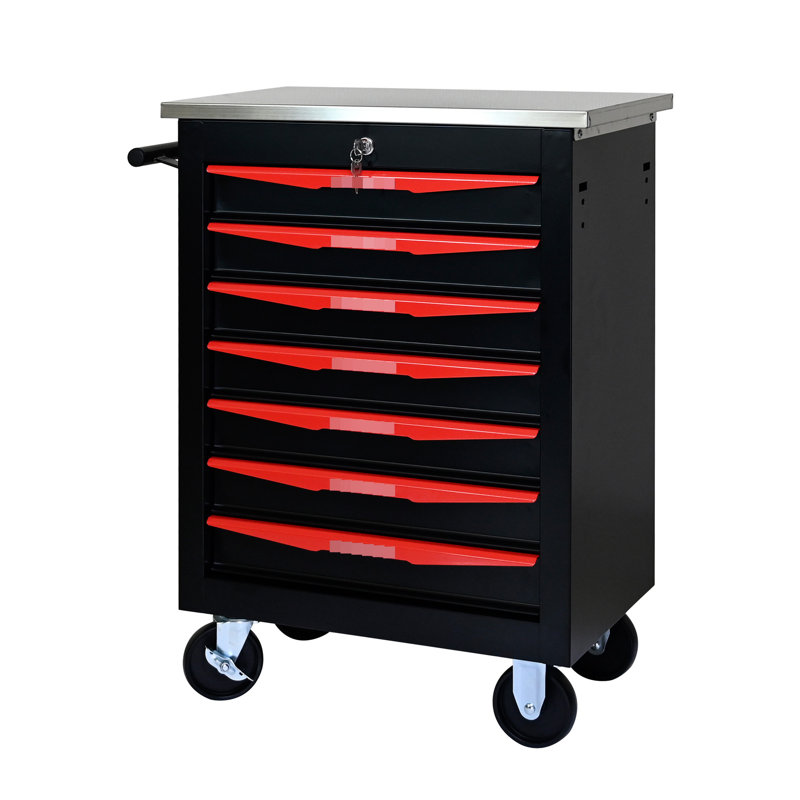 Chariot de rangement pour outils de garage avec 7 tiroirs et poignée - facile à utiliser, Black/Red