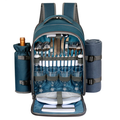 Picnic Basket Backpack For 4 Person With Blanket, Wine Holder, Cooler Compartment, Cutlery Set, Couples Gifts, Mr & Mrs Gifts, Bridal Shower Gifts, Registry Wedding Registry, Blue