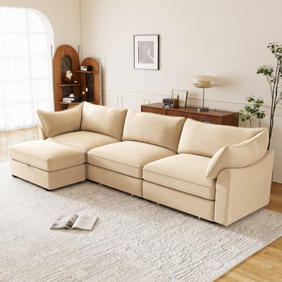 Wheat Chenille Sectional Sofa Set With Drawers And Storage Ottoman