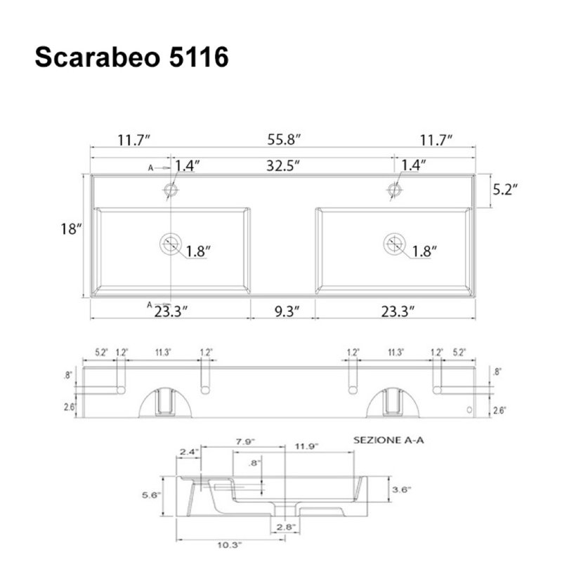 Scarabeo By Nameeks 18'' White Ceramic Rectangular Bathroom Sink with Overflow, Two Hole