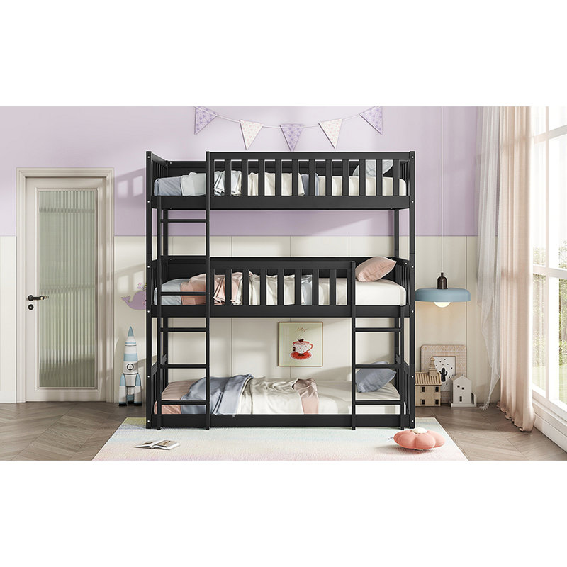 Lit superposé triple en bois d'hévéa, avec échelles, lit superposé détachable avec garde-corps, Simple sur simple, Noir