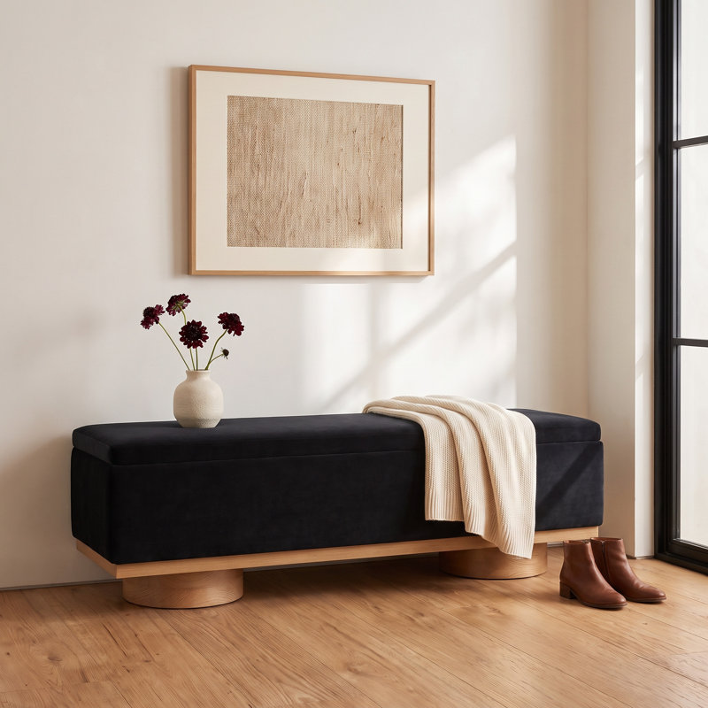 Morje Flip Top Storage Bench, Black Boucle, Natural