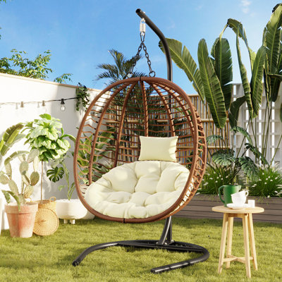 Single Person Folding Egg Chair With Stand, Hanging Wicker Hammock For Indoor And Outdoor Use, Adjustable Anti-Slip Feet